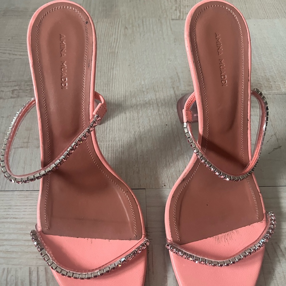 Amina Muaddi Coral Embellished Heels